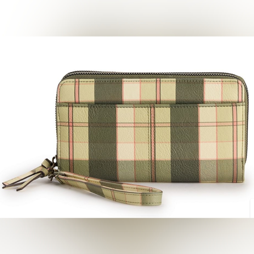 Sonoma RFID wallet. Olive Heidi plaid.